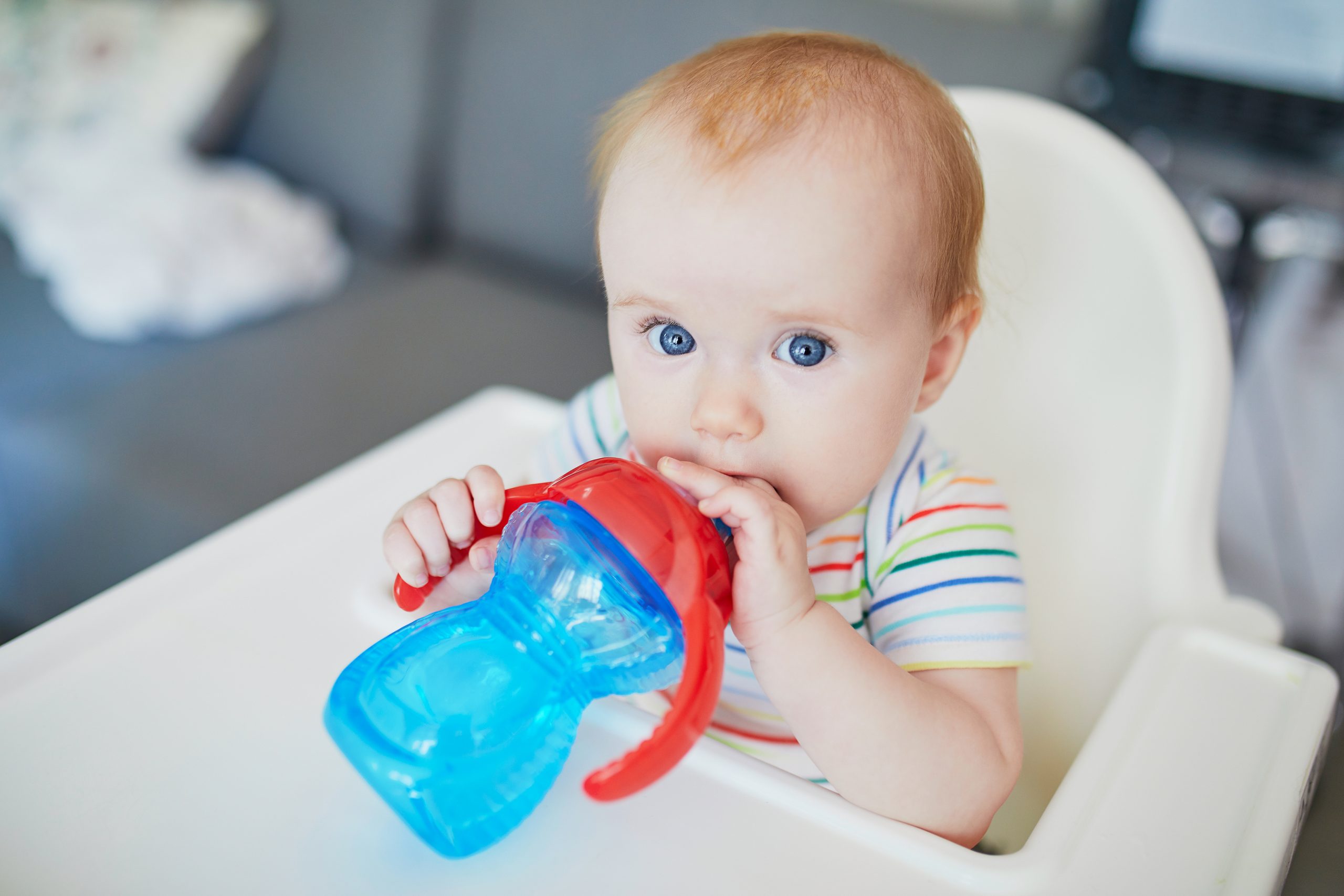 baby girl sitting in high chair and drinking water from sippy cup